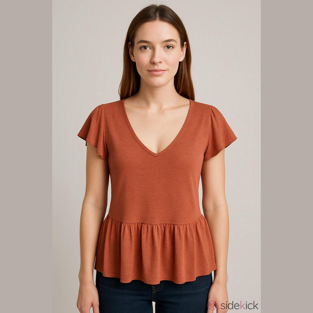 Loft Outlet Cotton Polyester V Neck Rust Peplum Short Sleeve Top Women Size S